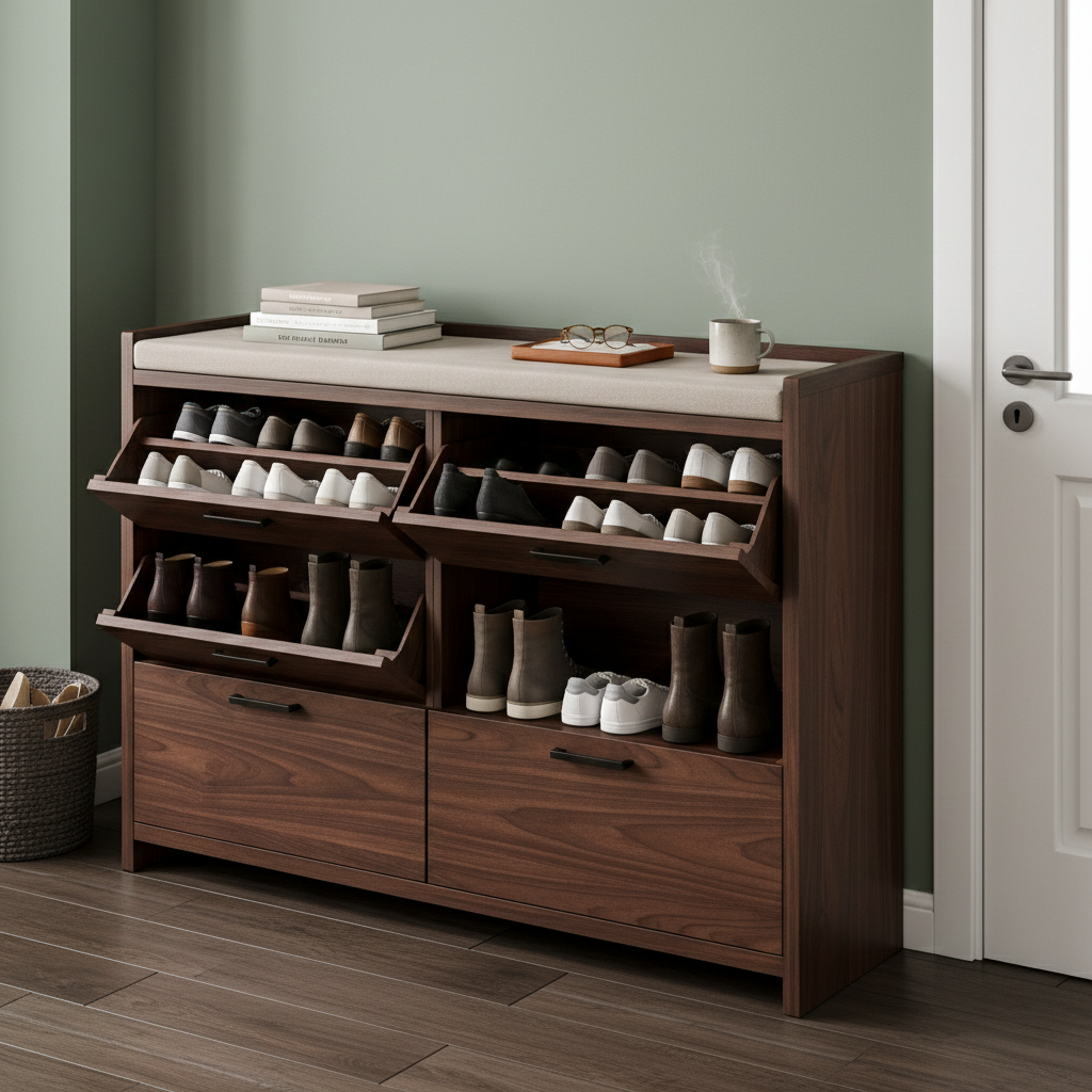 Handcrafted Solid Wood Shoe Cabinet With Tilted Drawers and Storage