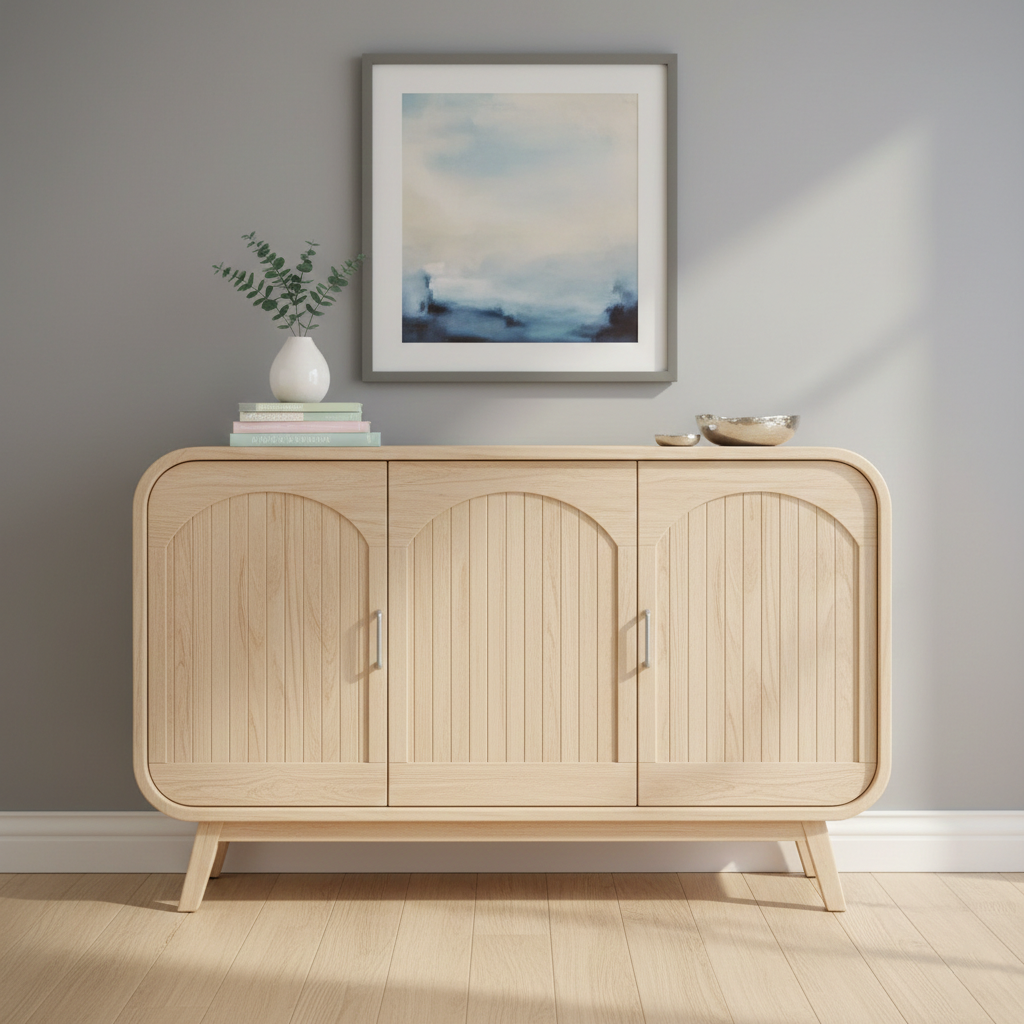 Mid-Century Modern TV Cabinet with Arched Doors and Spacious Storage