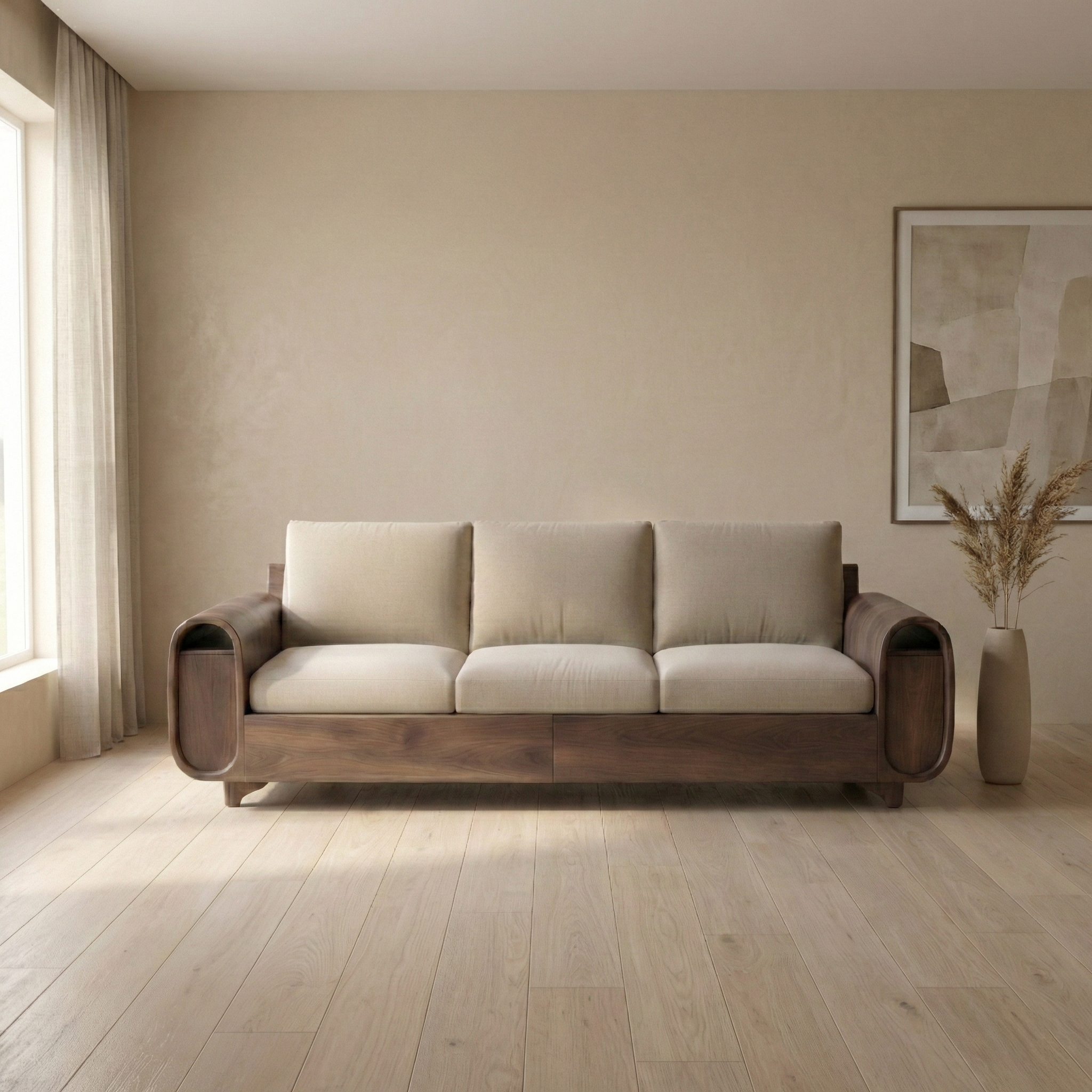 Handcrafted Solid Wood Sofa, Modern Curved Arm Frame Couch