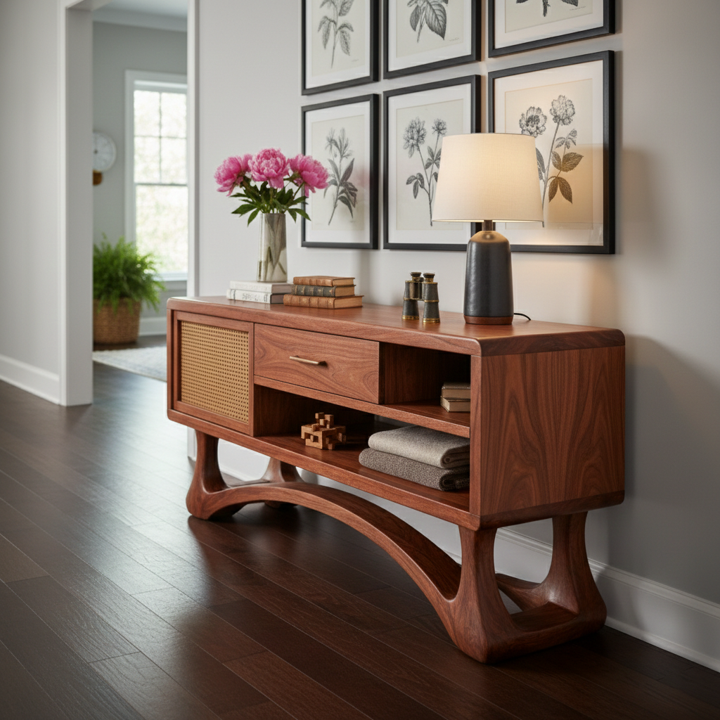 Modern Wooden Console Table with Cane Door and Sculptural Base