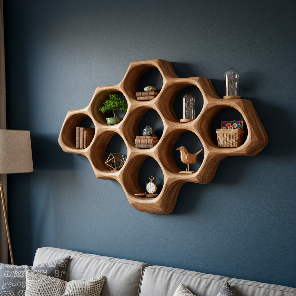 Handcrafted Solid Wood Honeycomb Shelf, Sculptural Wall Display