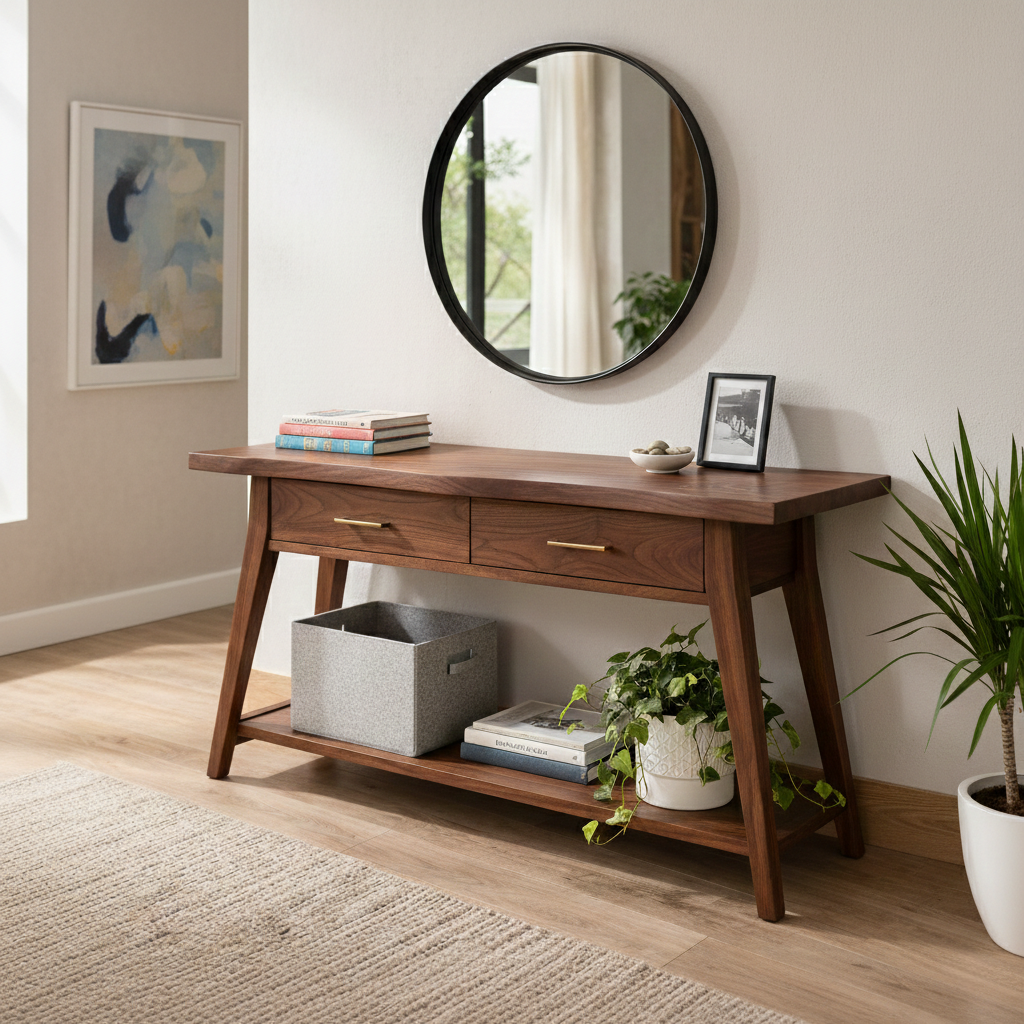Handcrafted Solid Wood Console Table With Live-Edge Top and Storage Drawers