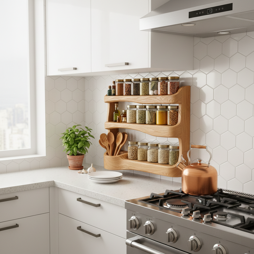 Handcrafted Solid Wood Spice Rack Shelf, Wall-Mounted Kitchen Organizer