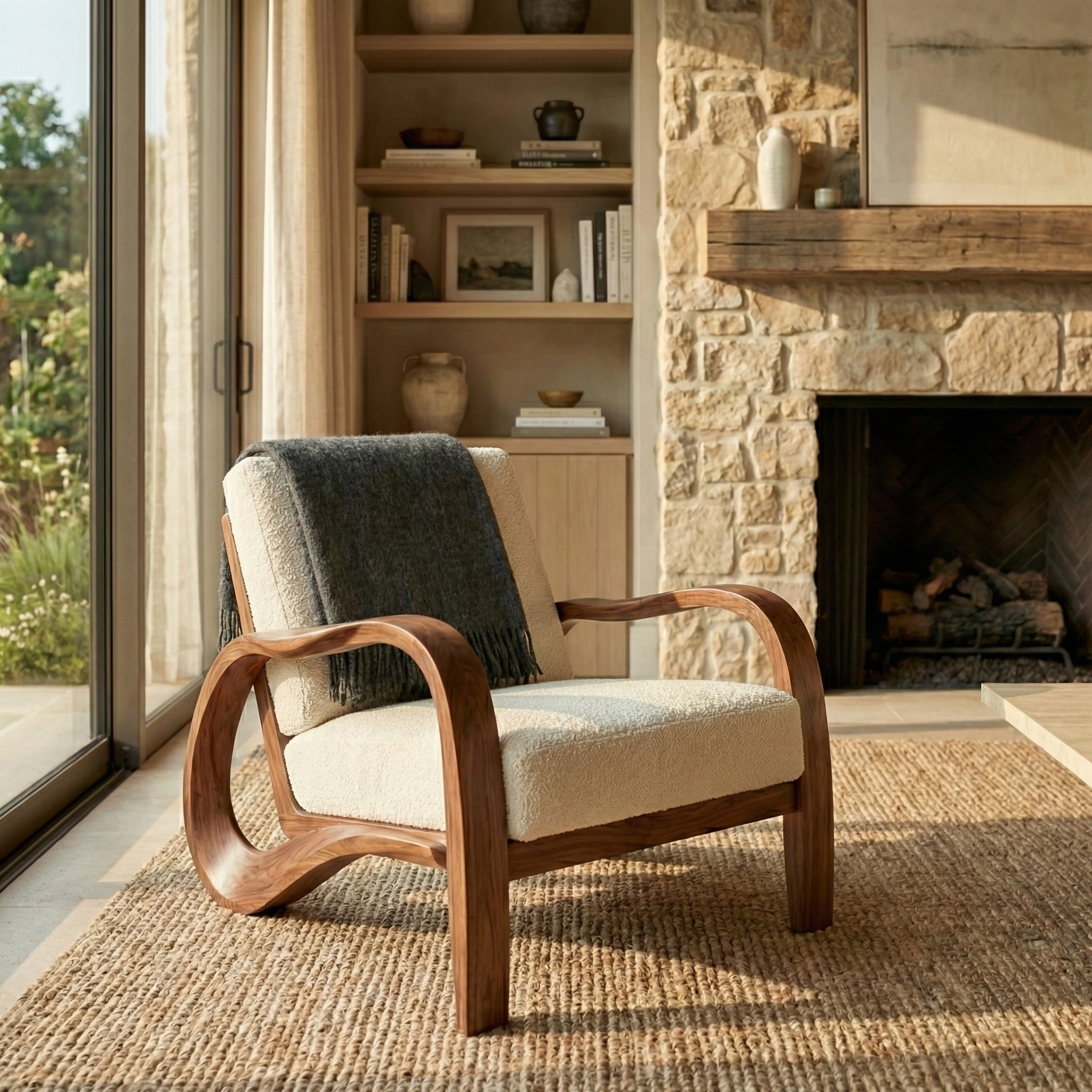 Handcrafted Solid Wood Sculptural Lounge Chair, Curved Arm Accent Seat