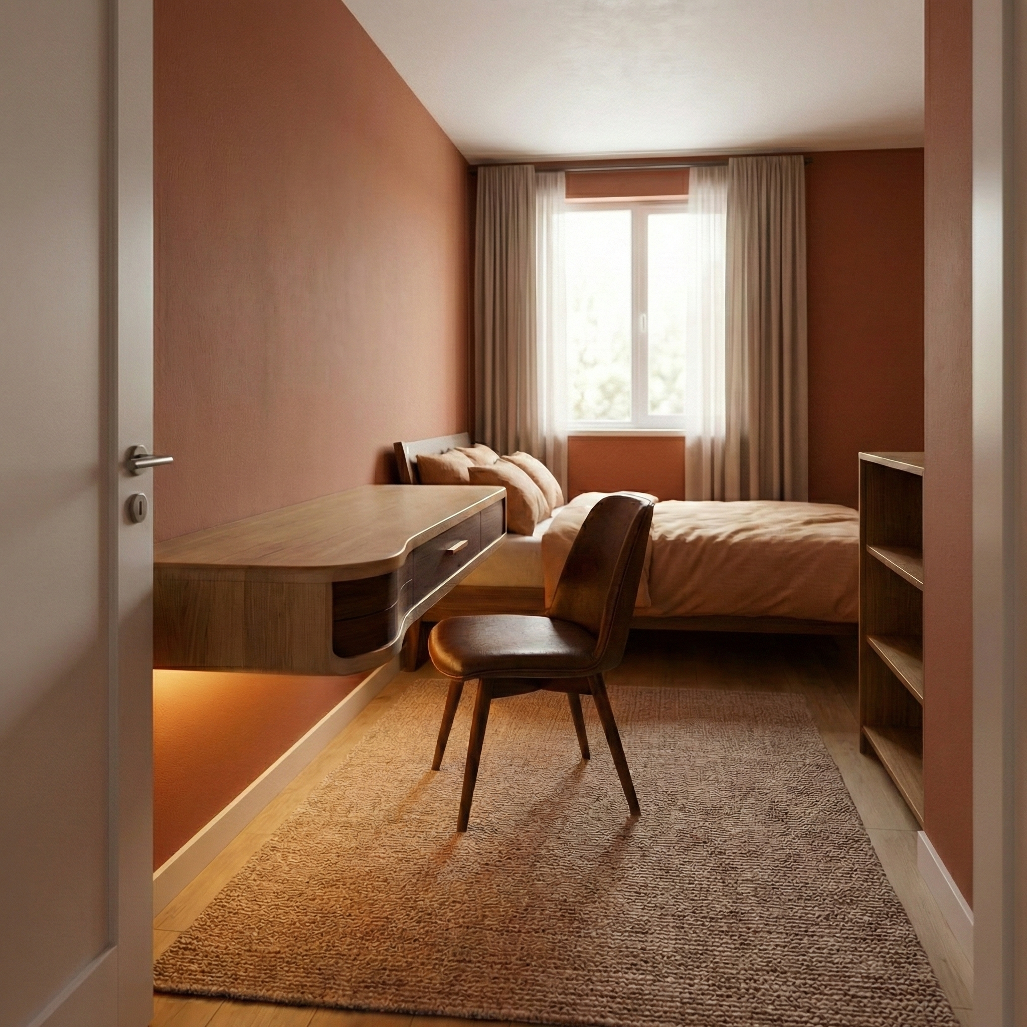 Sculptural Floating Desk with Warm Wood and Modern Detailing