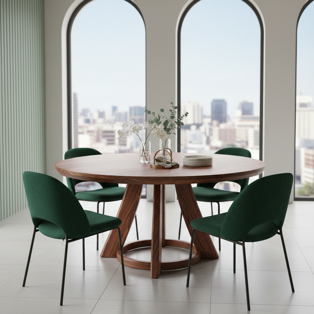Modern Solid Wood Round Dining Table, Sculptural Pedestal Base