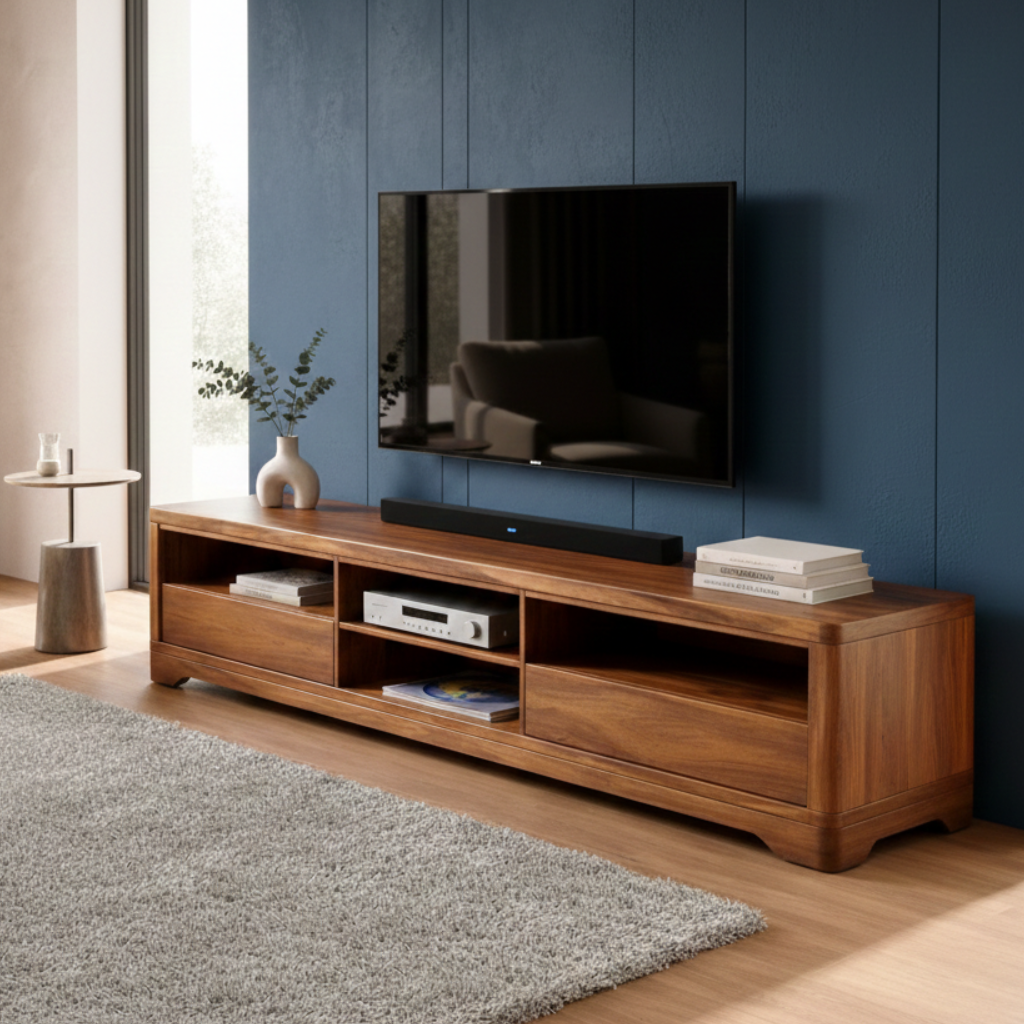 Wooden TV stand against a blue wall with a television on top in a living room.