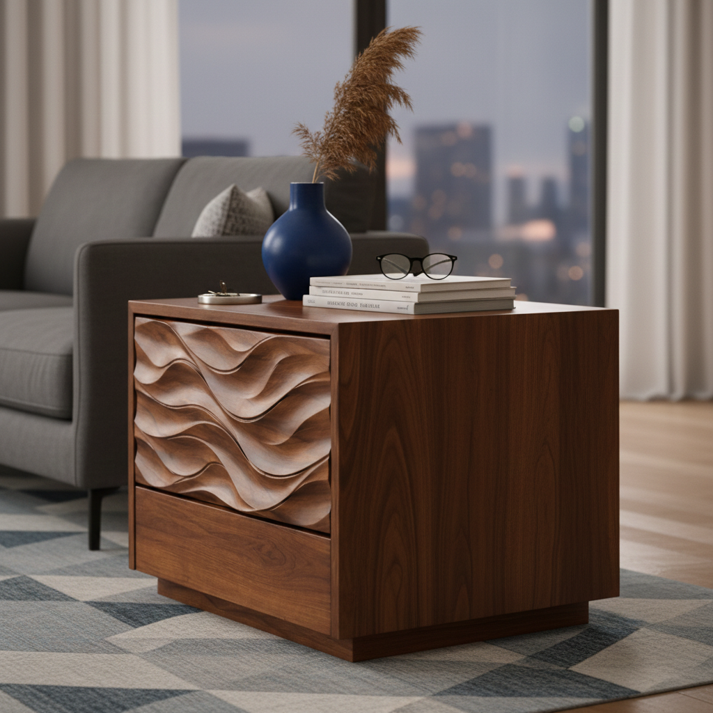 Handcrafted Solid Wood End Table Nightstand With Sculpted Wave Drawer