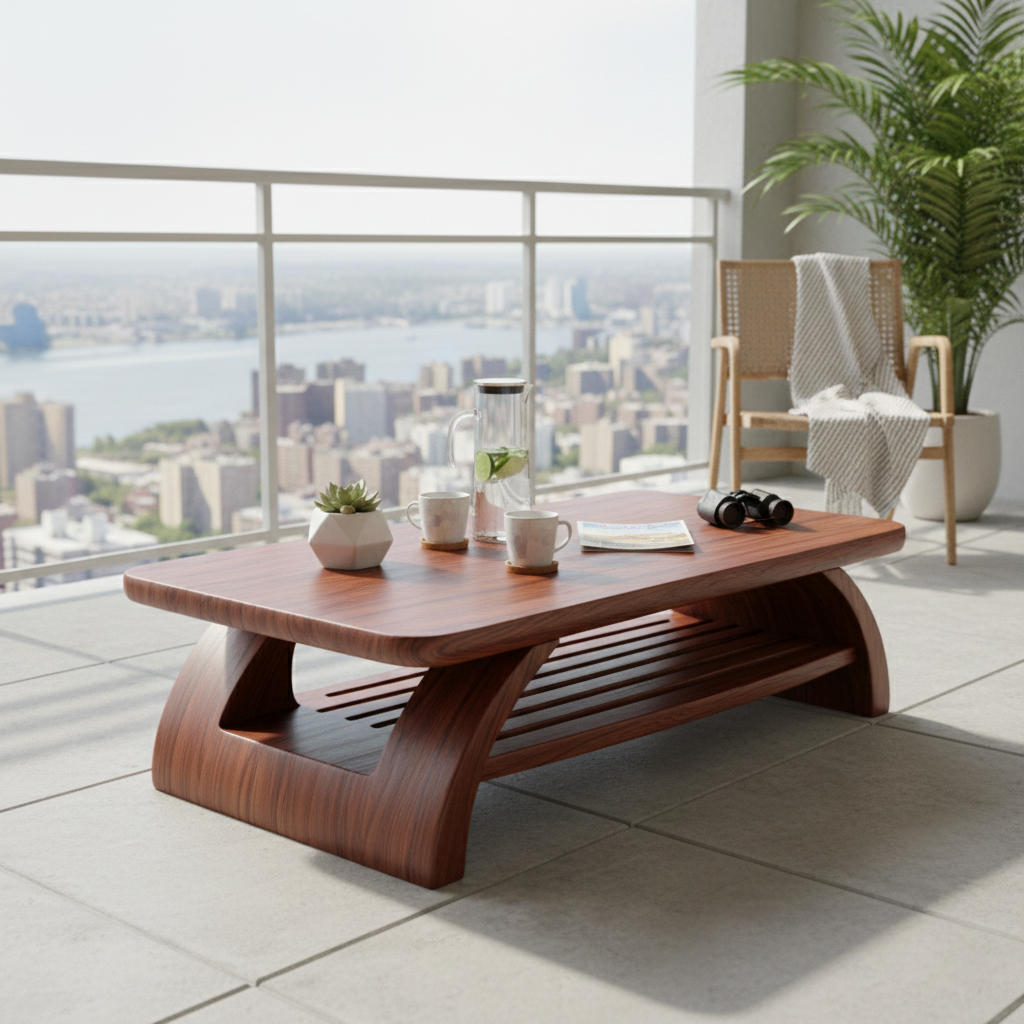 Sculptural Wooden Coffee Table with Open Shelf and Organic Design