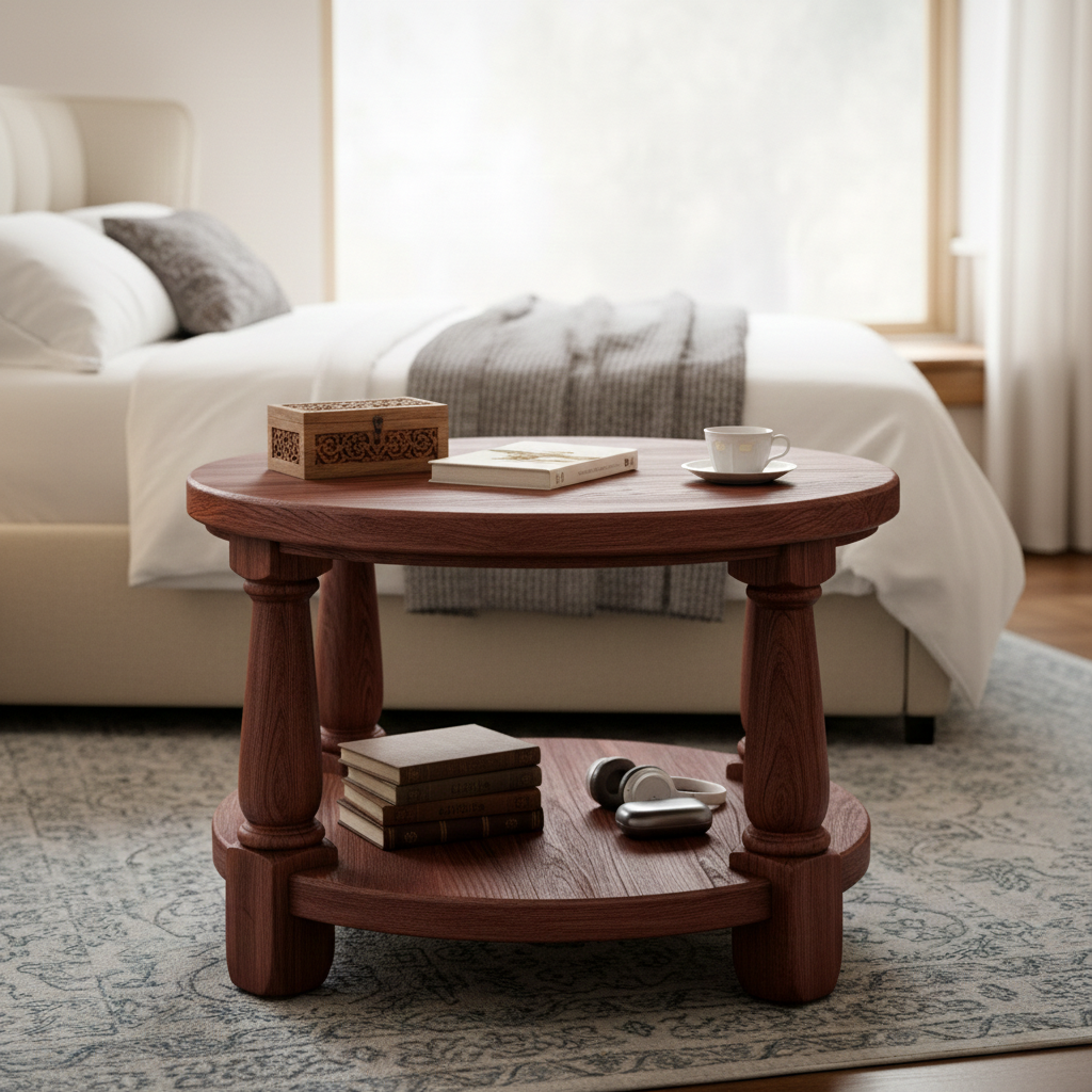 Rustic Round Side Table with Lower Storage Shelf and Sturdy Legs