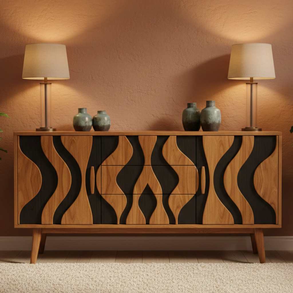 Wooden sideboard with wavy design in a room with two lamps and plants.