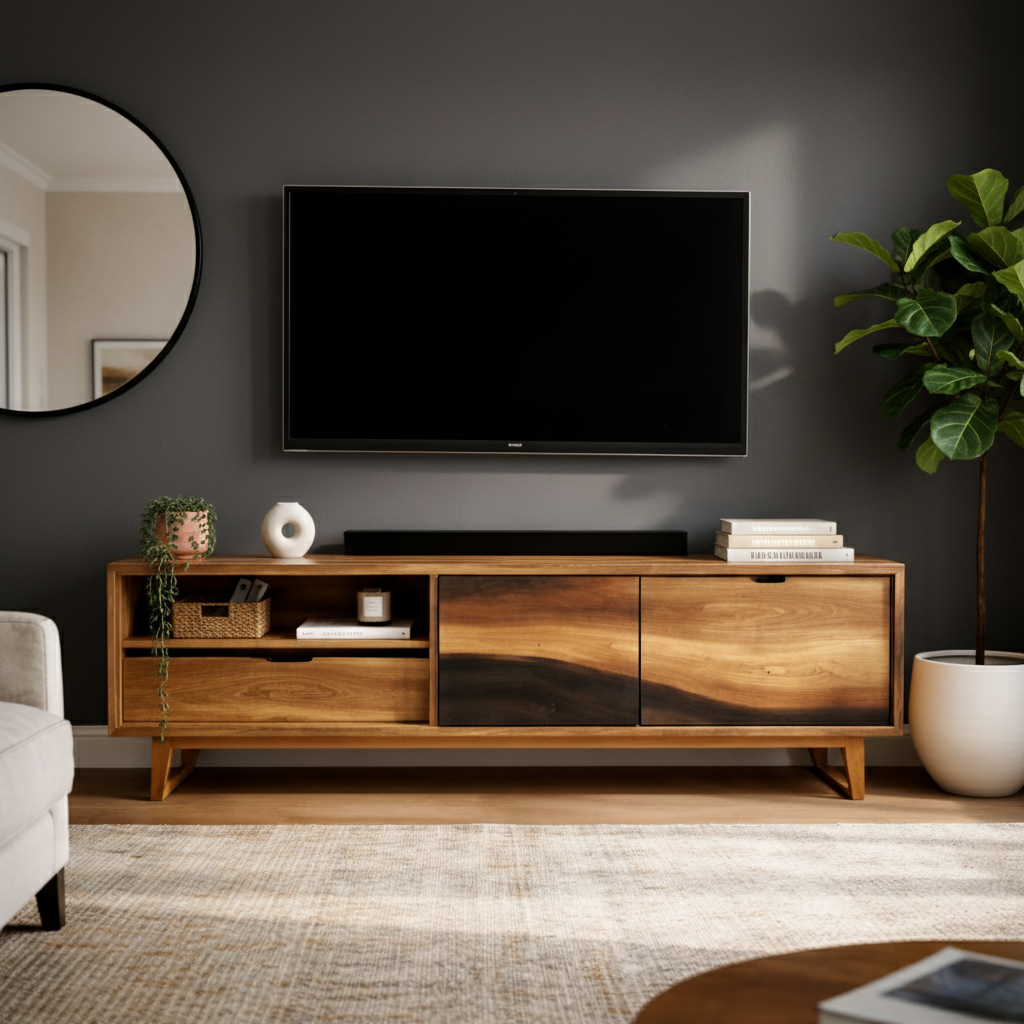 Sleek TV Stand with Live Edge Detailing and Open Storage Space