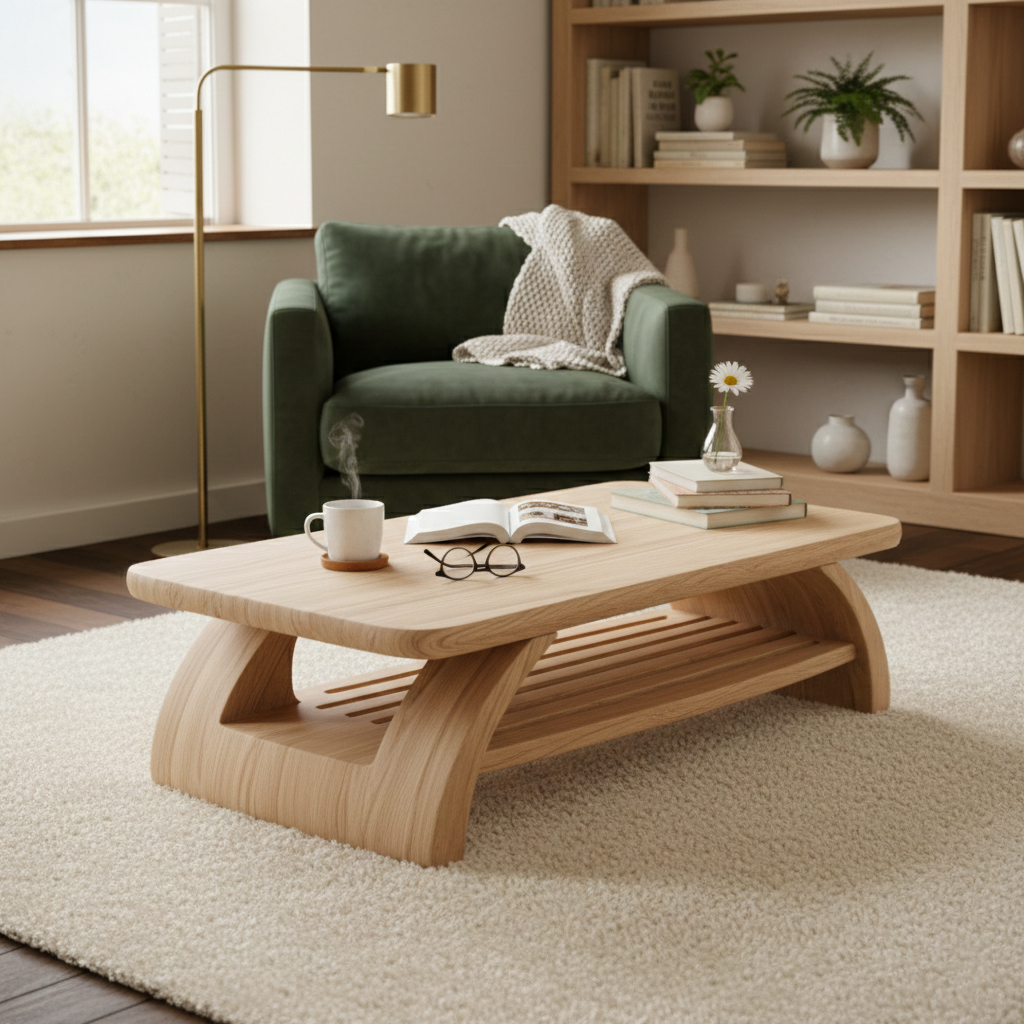 Sculptural Wooden Coffee Table with Open Shelf and Organic Design