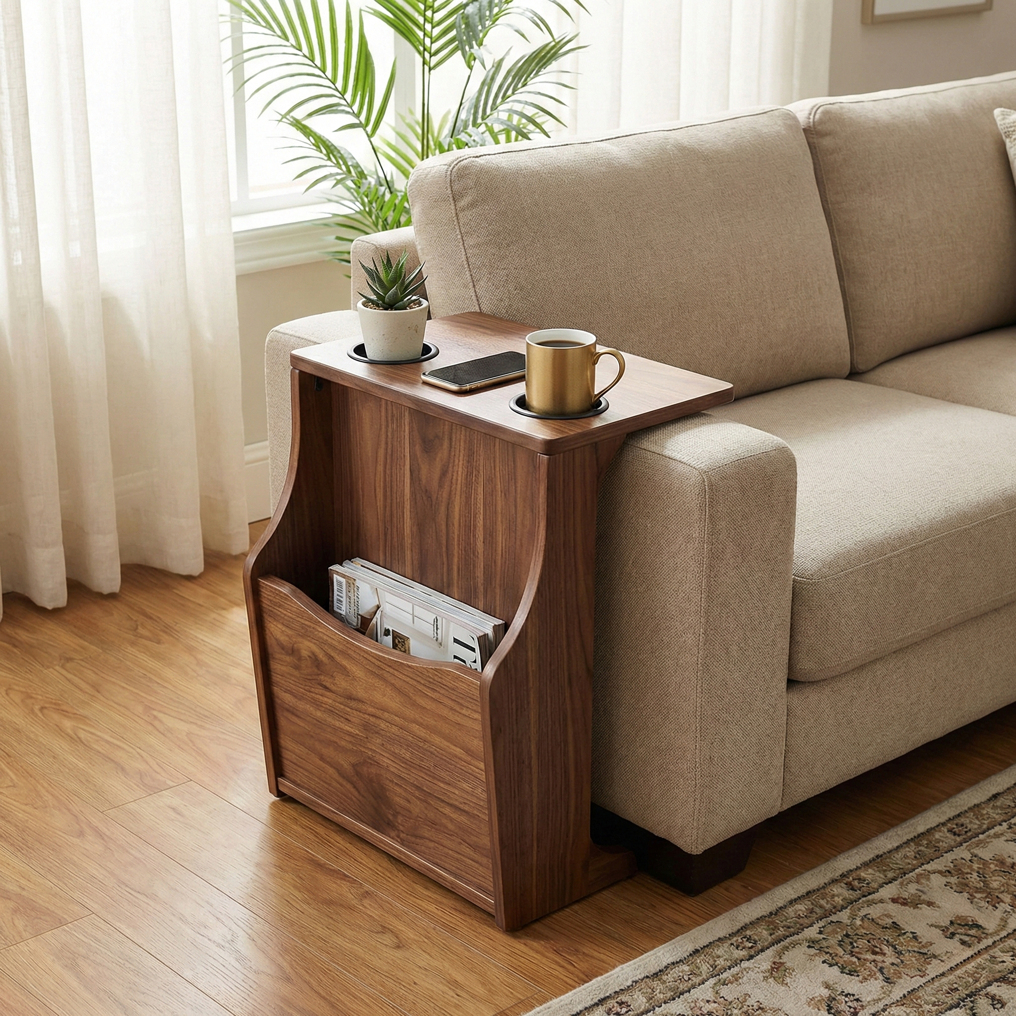 Handcrafted Solid Wood Sofa Armrest Table, Cup Holder Side Caddy