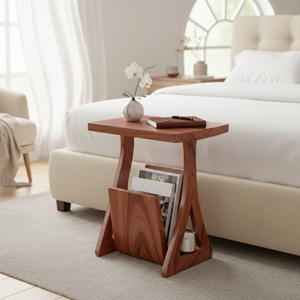 Wooden Side Table with Magazine Holder and Sleek Design