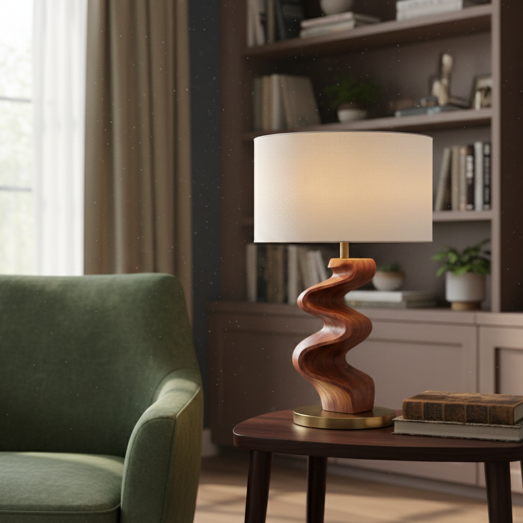 Sculptural Table Lamp with Twisted Wooden Base