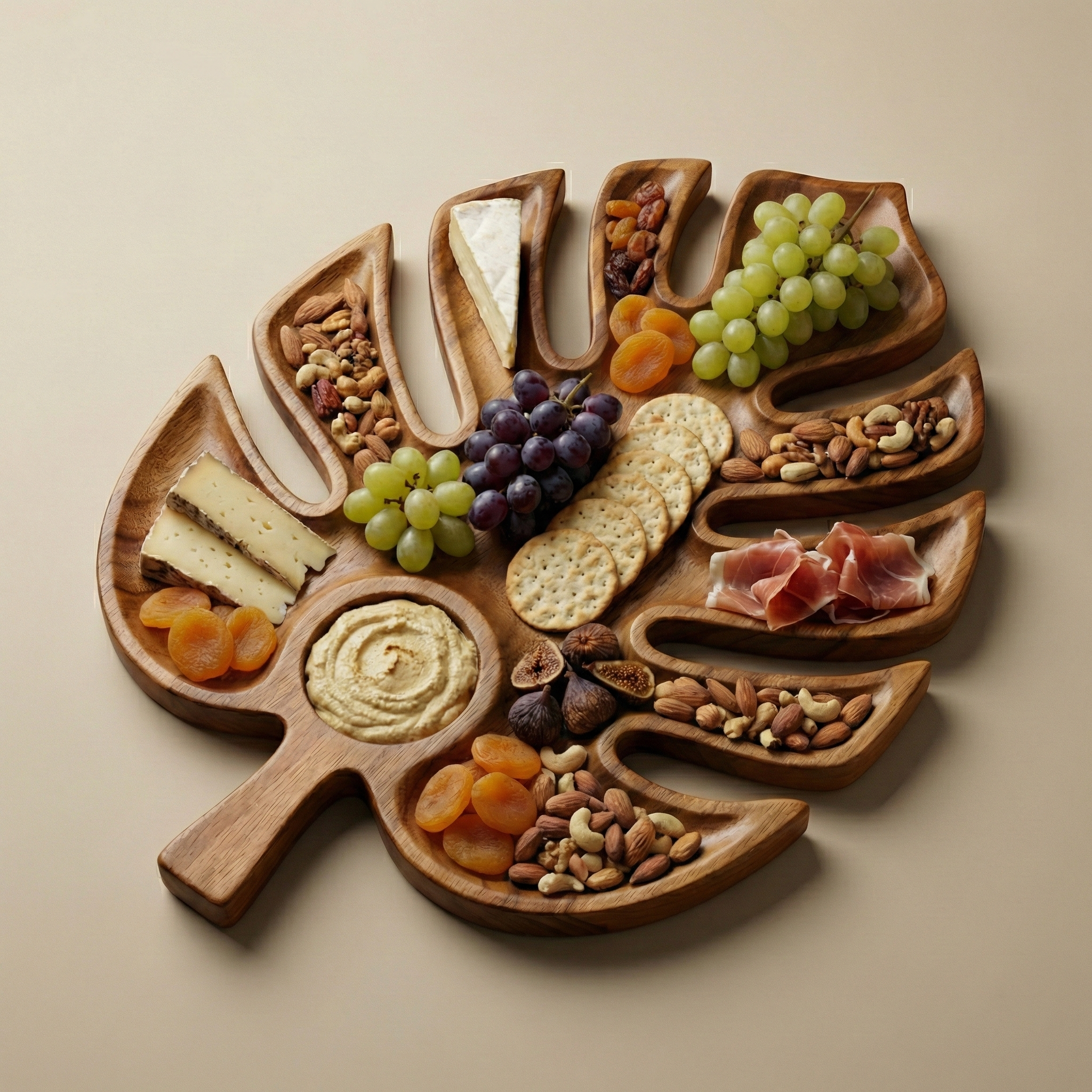 Leaf-Shaped Wooden Serving Tray With Carved Compartments