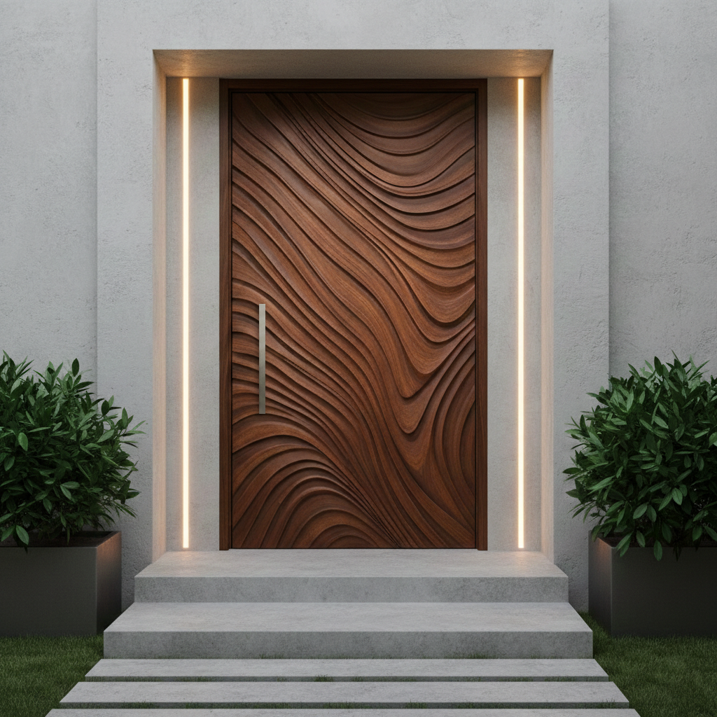 Sculpted Solid Wood Door with Fluid Wave Design