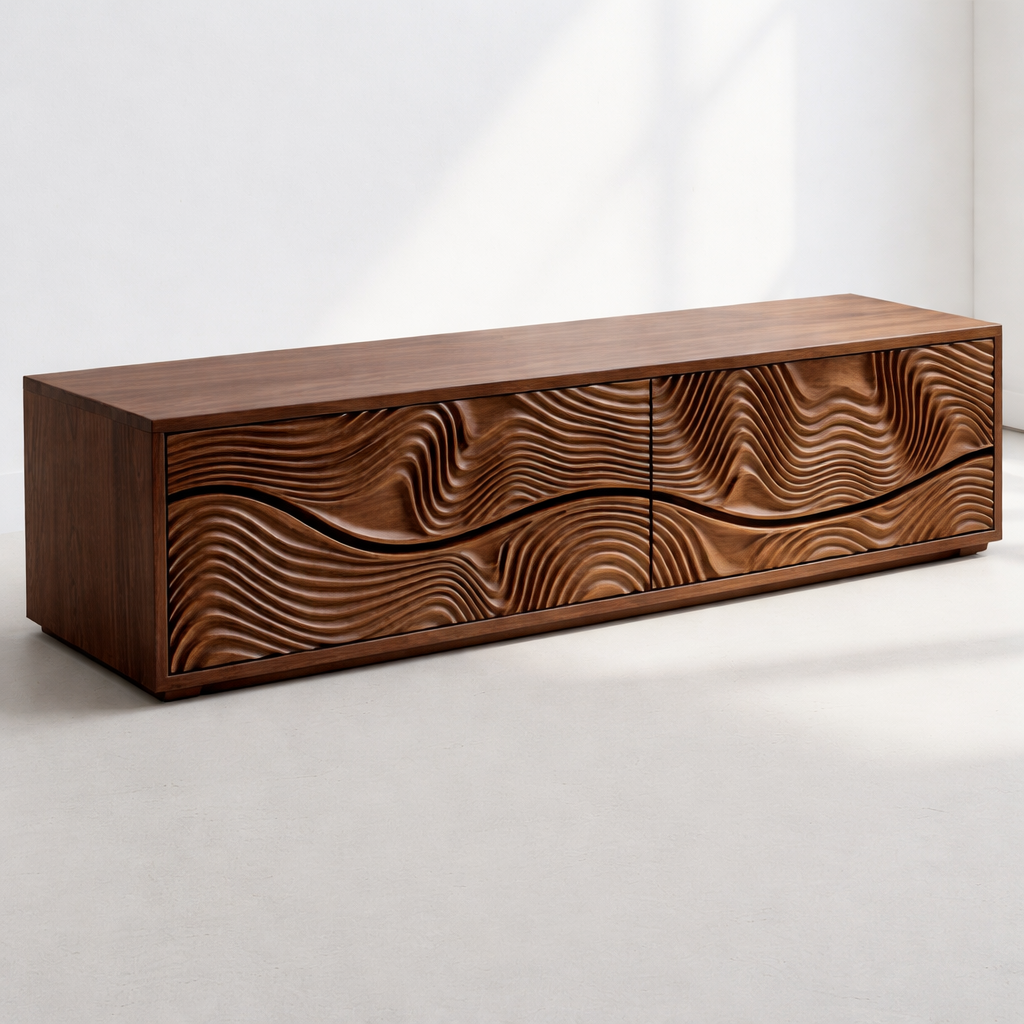 Handcrafted Solid Wood TV Stand, Organic Wave Pattern Media Console