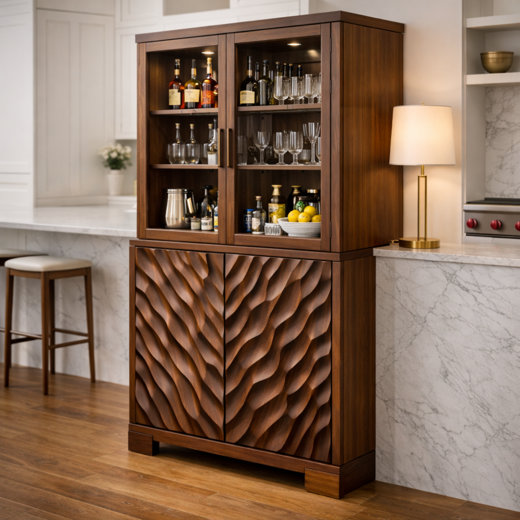 Handcrafted Solid Wood Bar Cabinet With Glass Display And Carved Doors