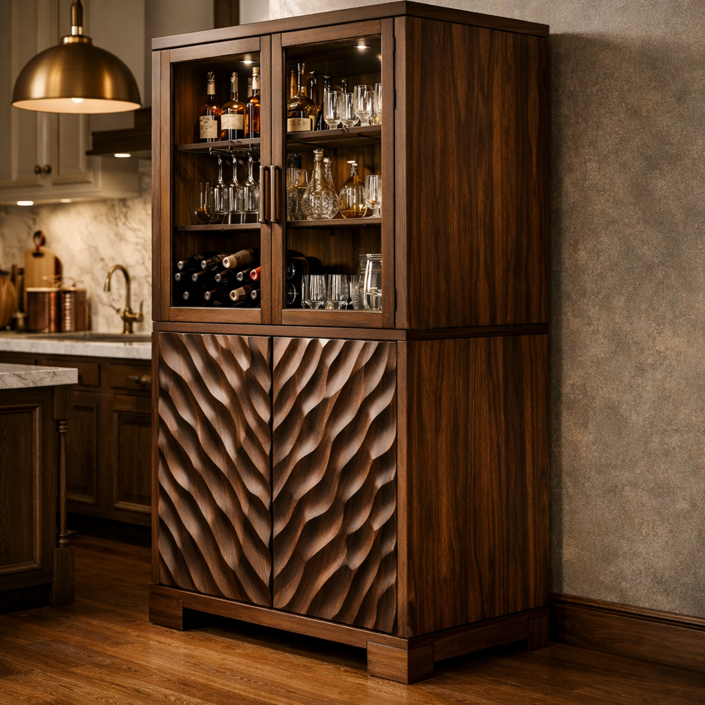 Vitrano Solid Wood Bar Cabinet With Glass Display For Dining Room