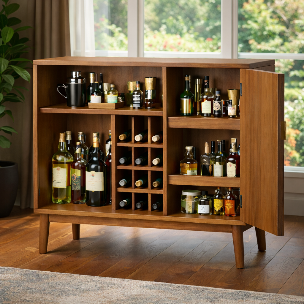 Handcrafted Solid Wood Bar Cabinet With Wine Rack And Storage