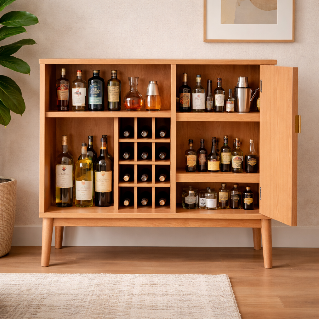 Vinello Solid Wood Bar Cabinet With Wine Rack For Dining Room