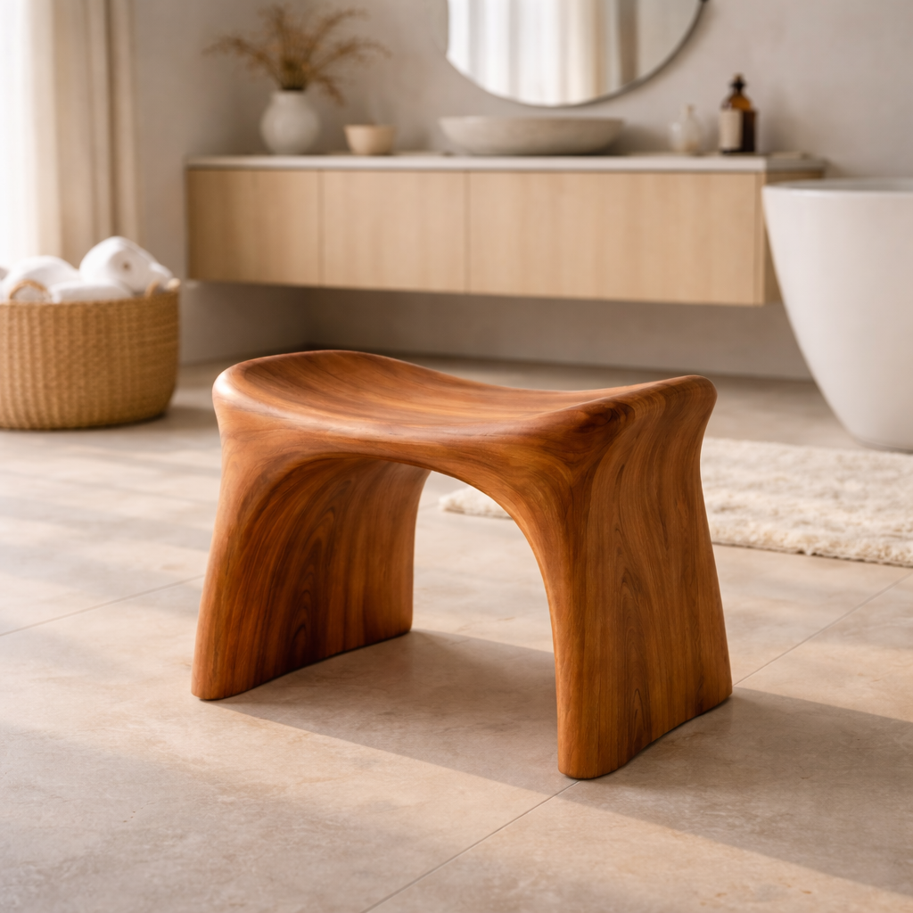Handcrafted Solid Wood Bath Seat, Sculpted Spa Shower Stool