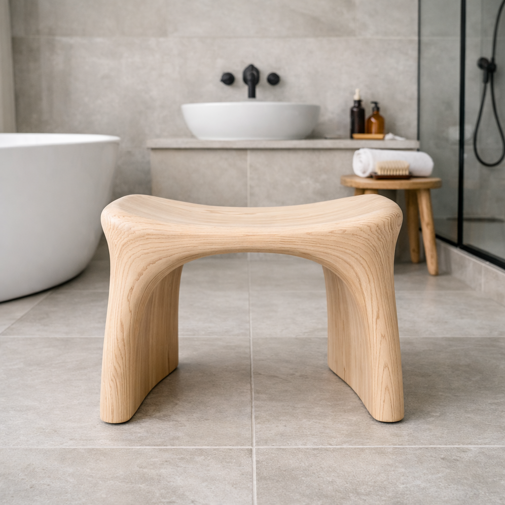 Spavera Sculpted Solid Wood Shower Stool For Bathroom