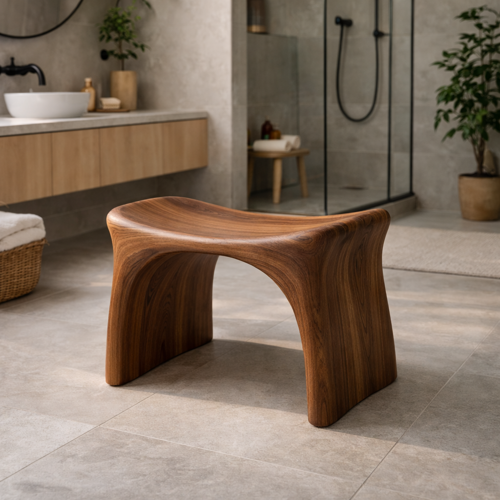 Spavera Sculpted Solid Wood Shower Stool For Bathroom