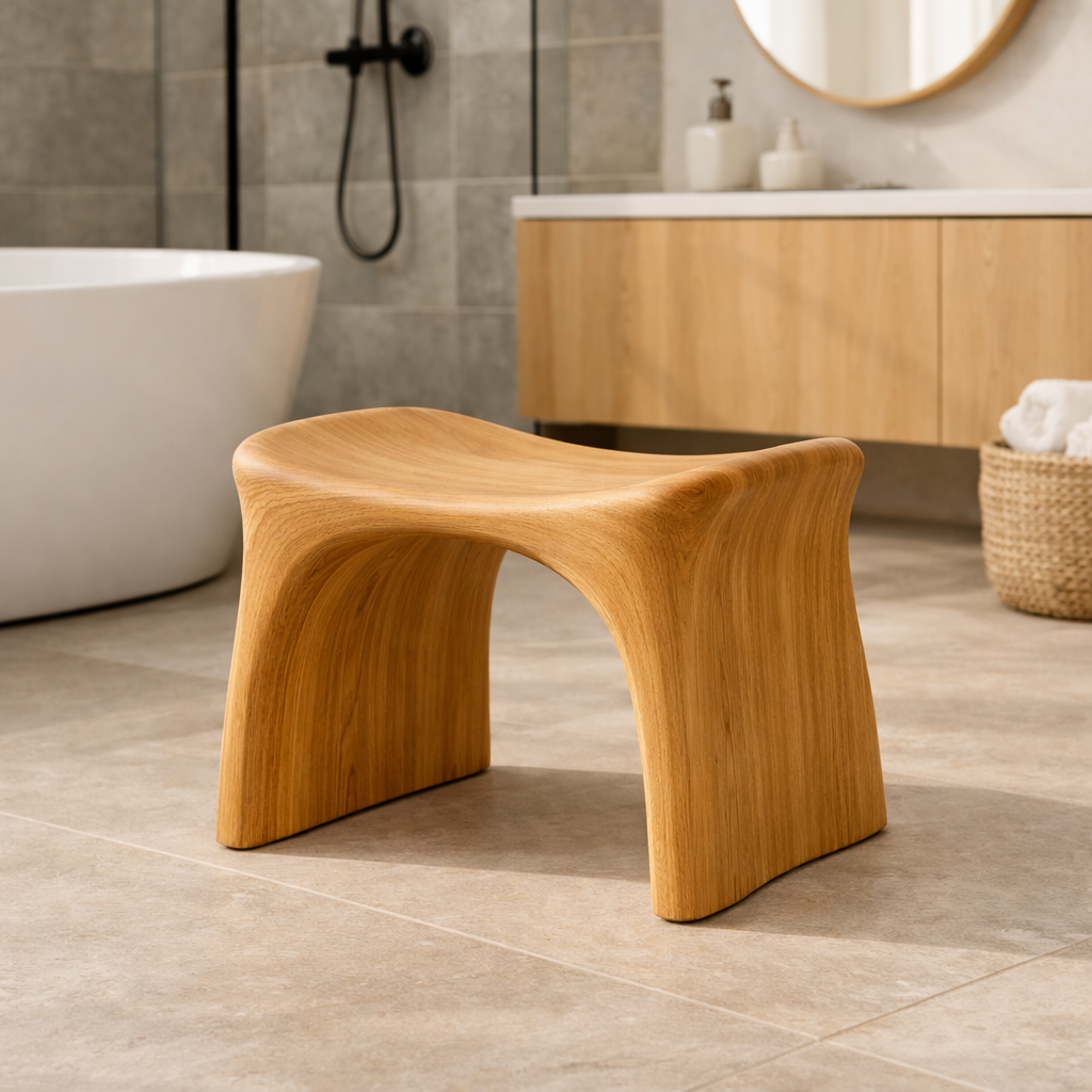 Spavera Sculpted Solid Wood Shower Stool For Bathroom