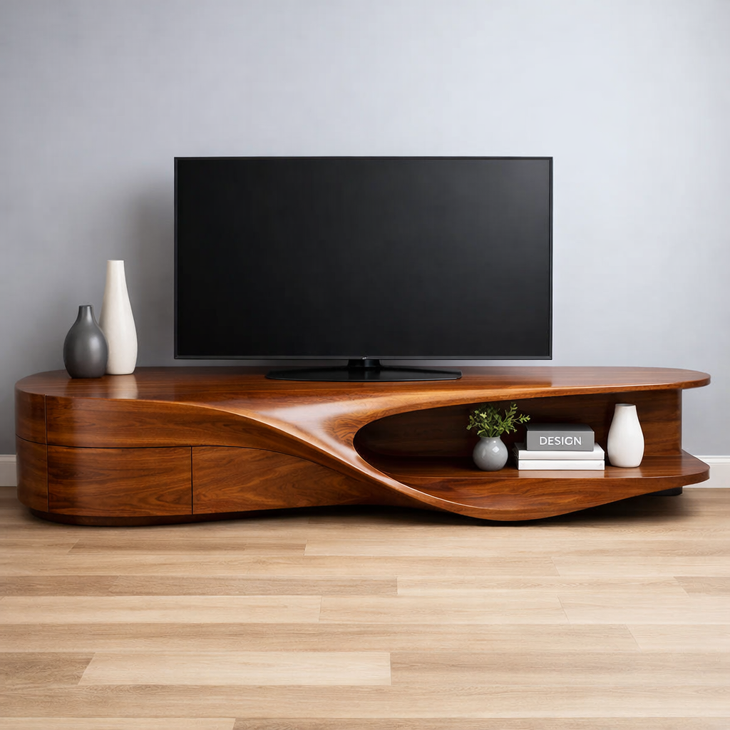 Handcrafted Solid Wood Cabinet, Sculptural Organic Modern Media Console