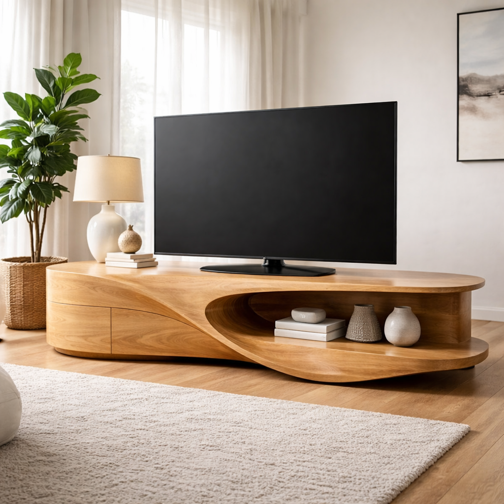 Handcrafted Solid Wood Cabinet, Sculptural Organic Modern Media Console