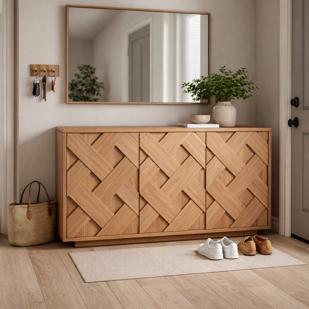 Handcrafted Solid Wood Cabinet Shoe Storage With Geometric Front