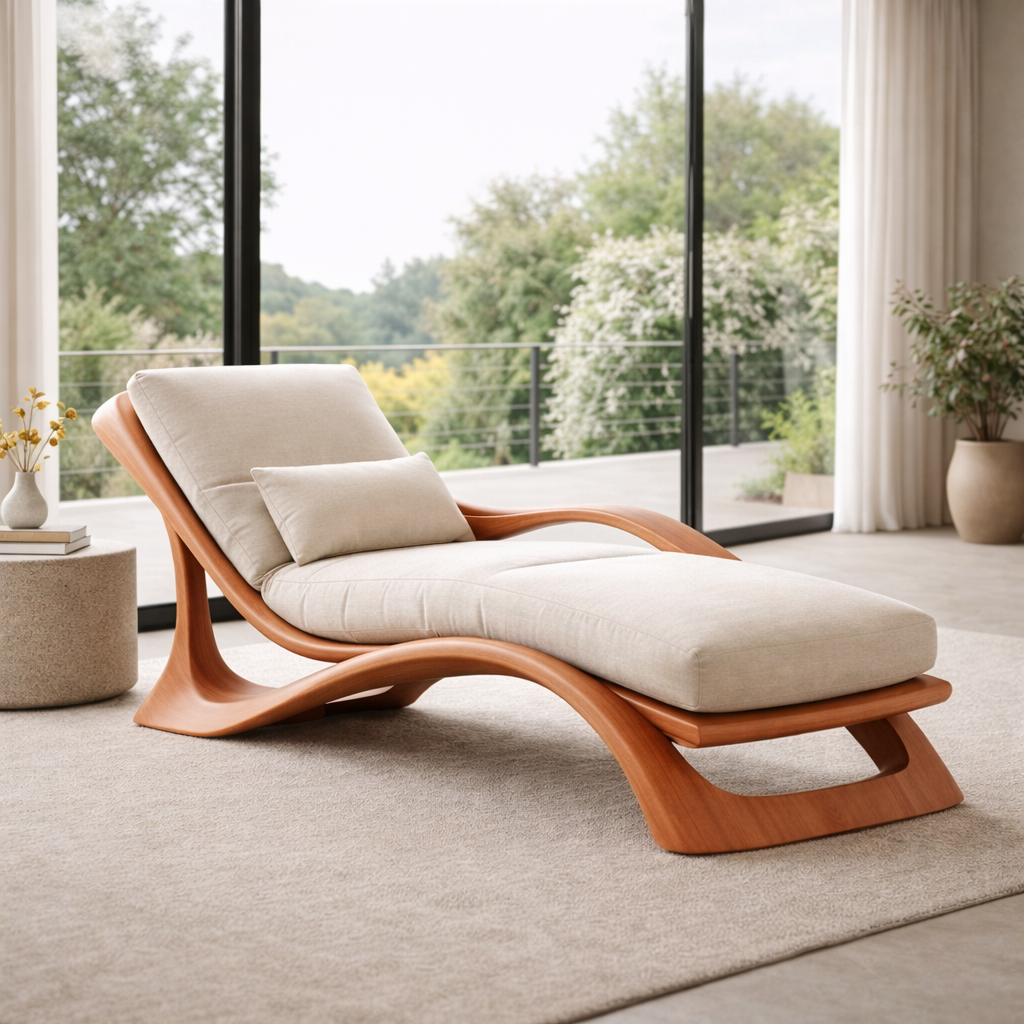 Reposso Sculpted Solid Wood Chaise Lounge For Living Room