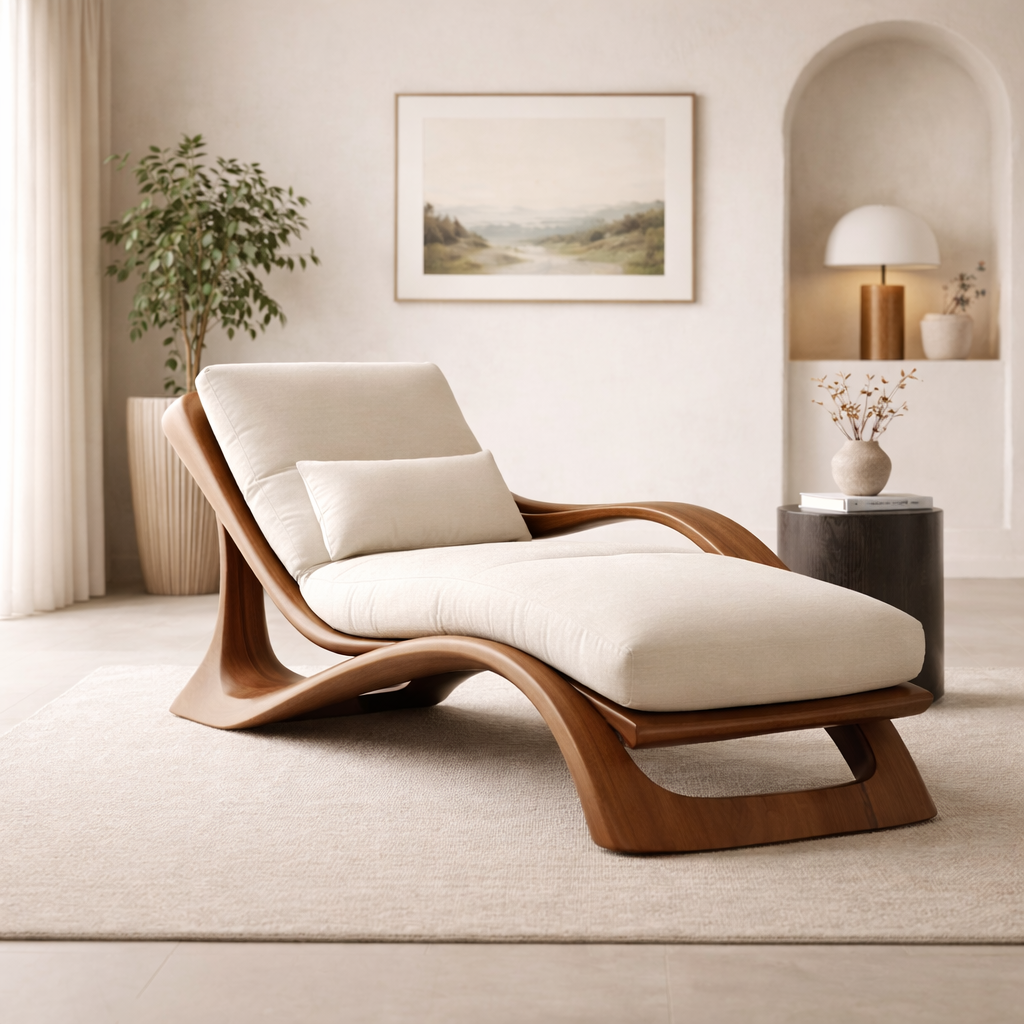 Reposso Sculpted Solid Wood Chaise Lounge For Living Room