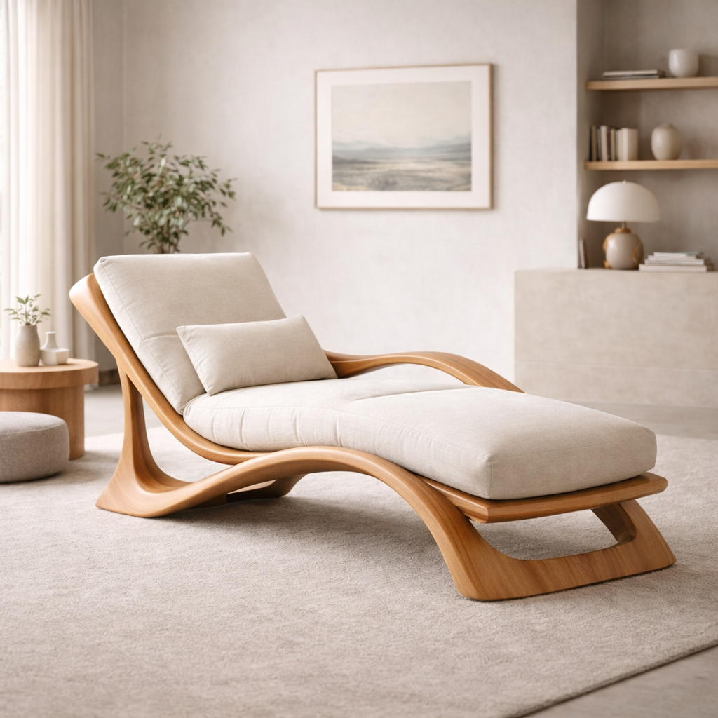 Reposso Sculpted Solid Wood Chaise Lounge For Living Room