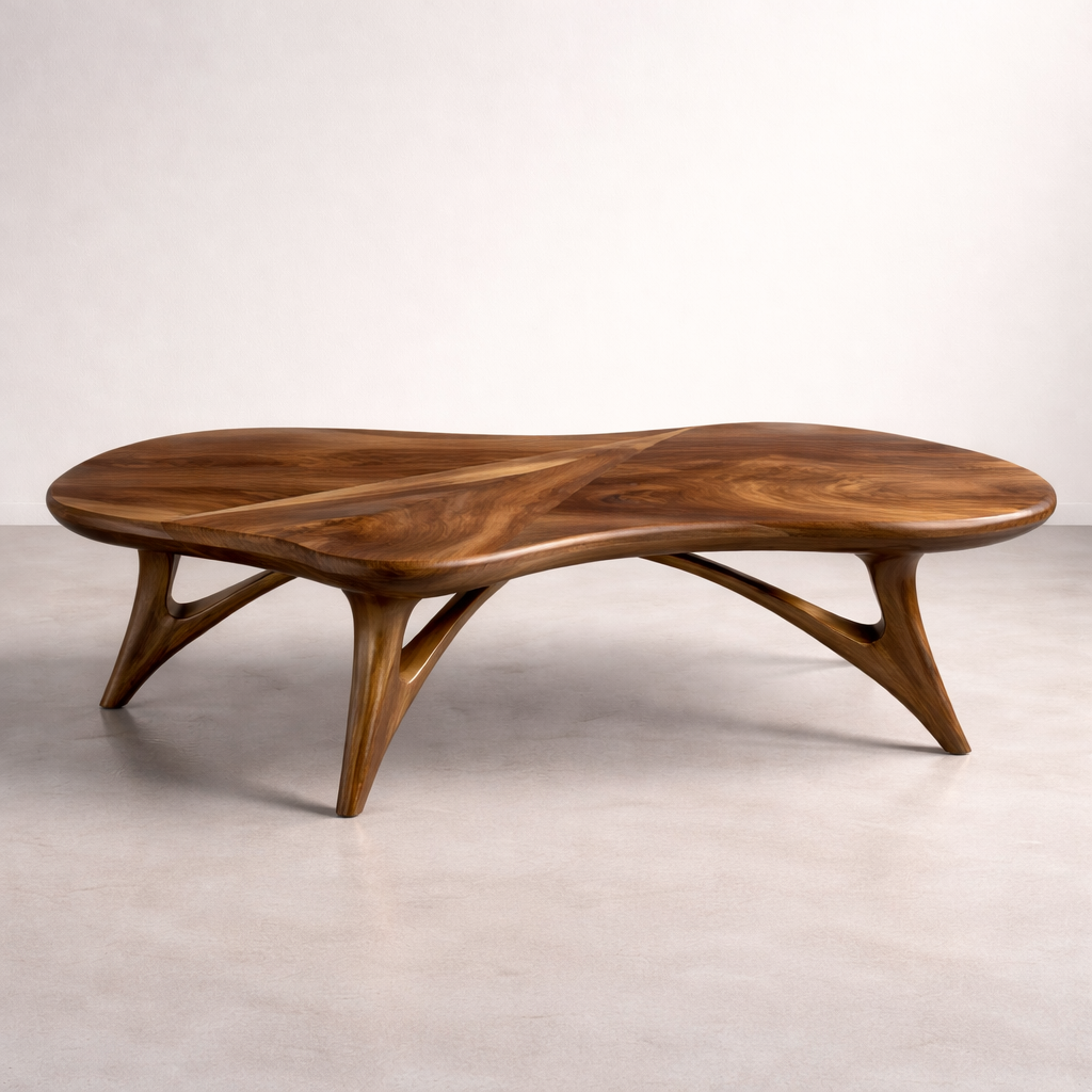 Handcrafted Solid Wood Coffee Table With Sculptural Curved Base