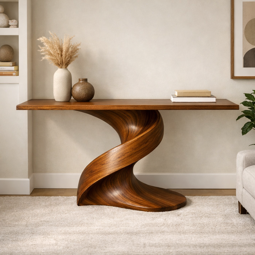 Handcrafted Solid Wood Console Table With Sculptural Twist Base