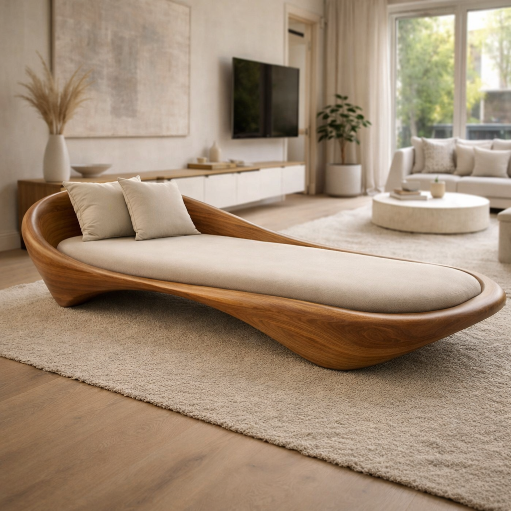Handcrafted Solid Wood Daybed, Sculptural Outdoor Lounge Chair