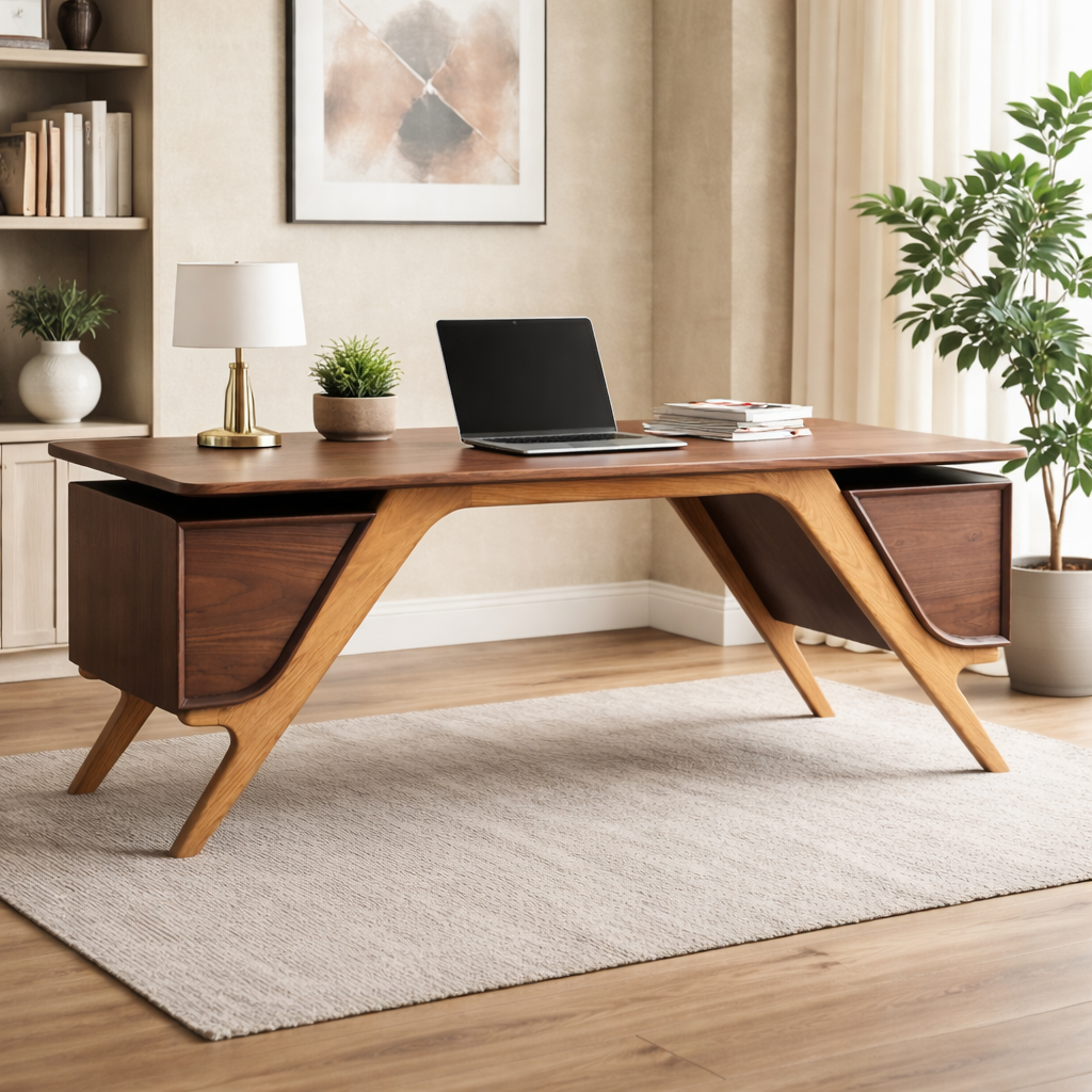 Handcrafted Solid Wood Desk, Modern Executive Writing Desk With Storage