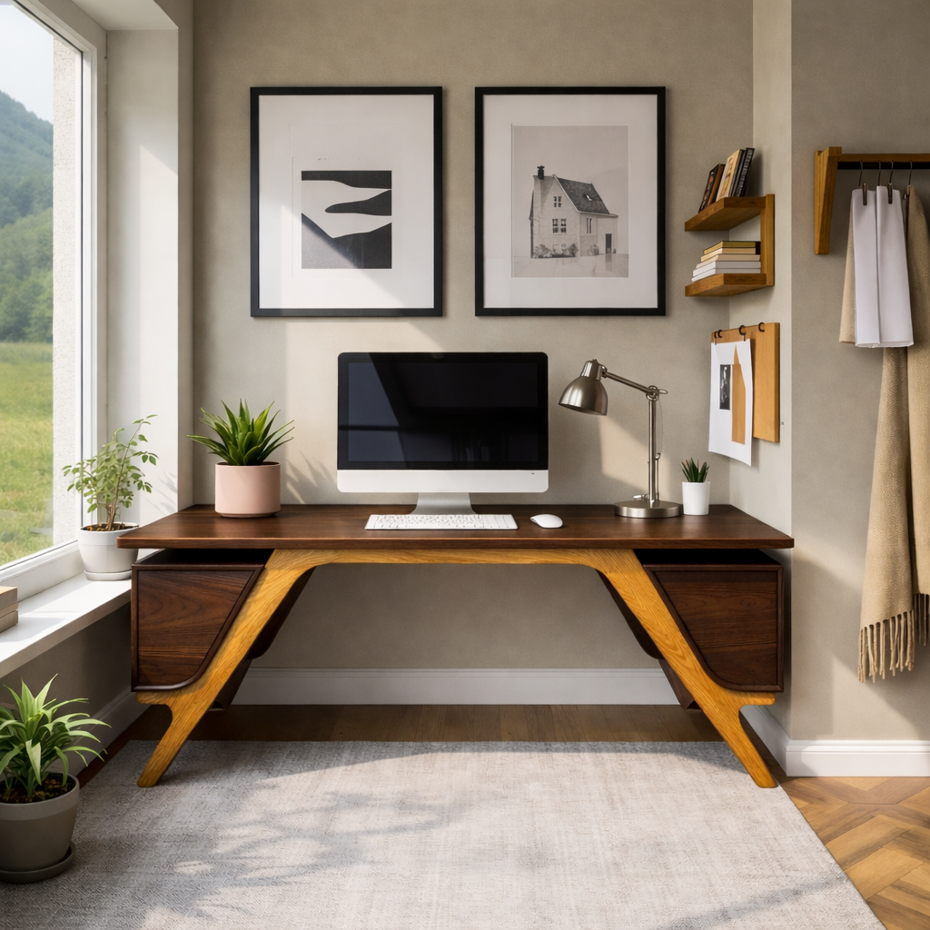 Handcrafted Solid Wood Desk, Modern Executive Writing Desk With Storage