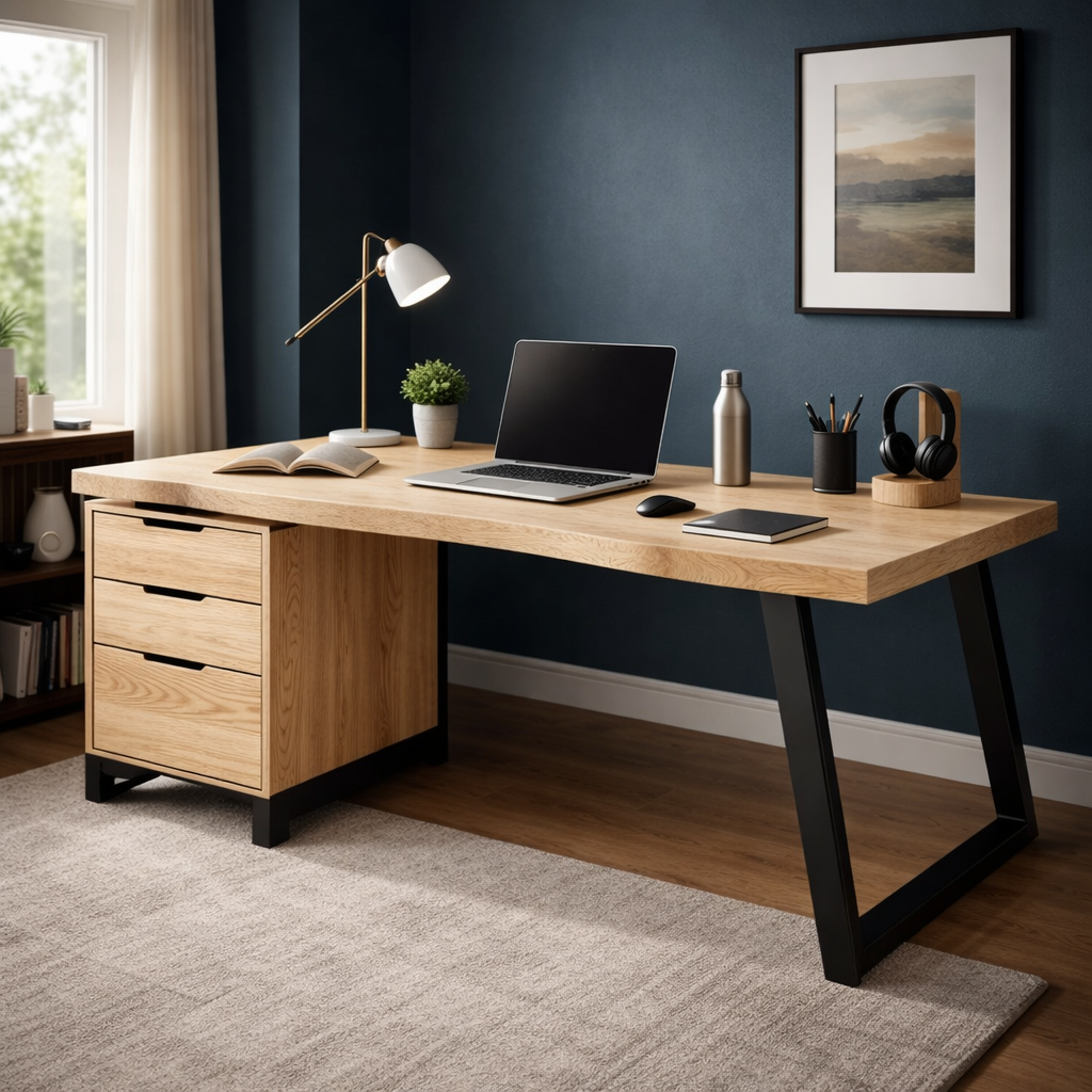 Handcrafted Solid Wood Desk With Live-Edge Top and Metal Base