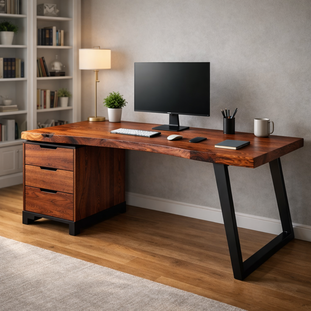 Handcrafted Solid Wood Desk With Live-Edge Top and Metal Base