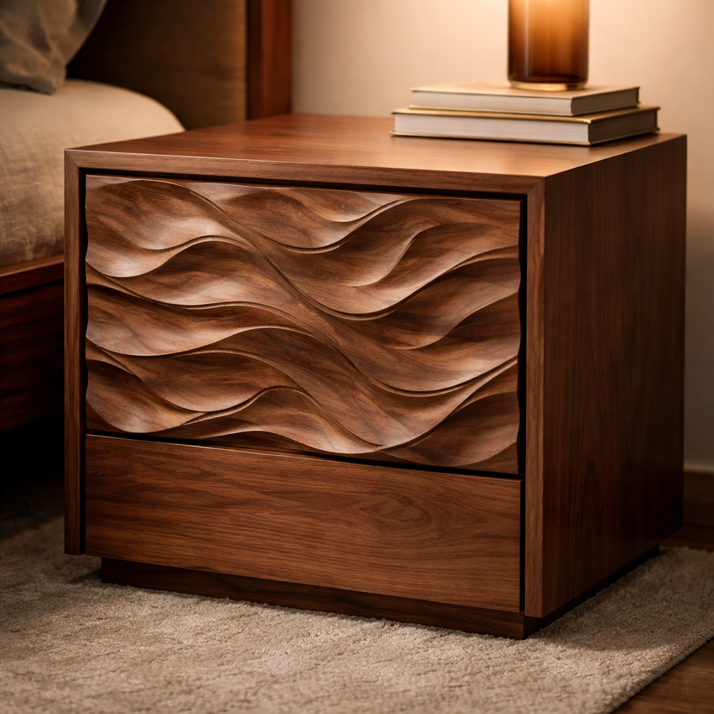 Handcrafted Solid Wood End Table Nightstand With Sculpted Wave Drawer