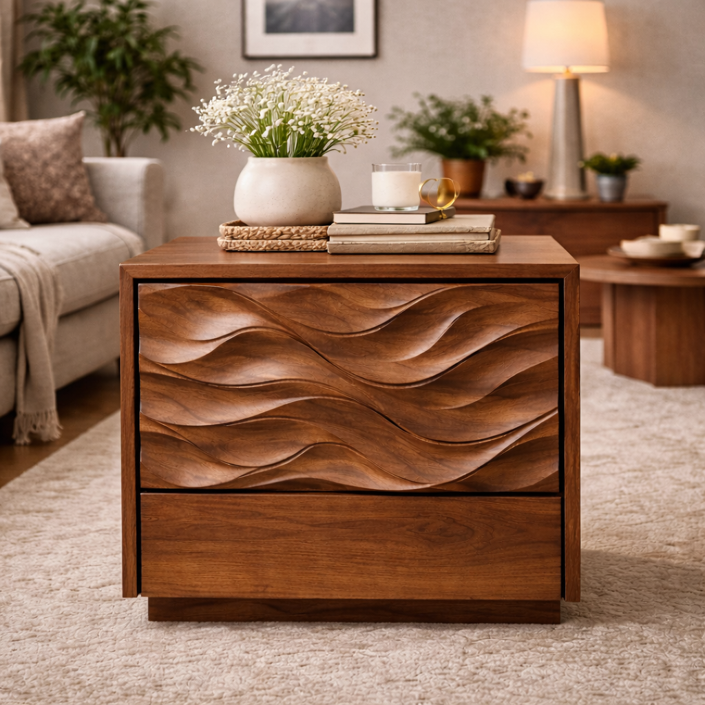 Handcrafted Solid Wood End Table Nightstand With Sculpted Wave Drawer