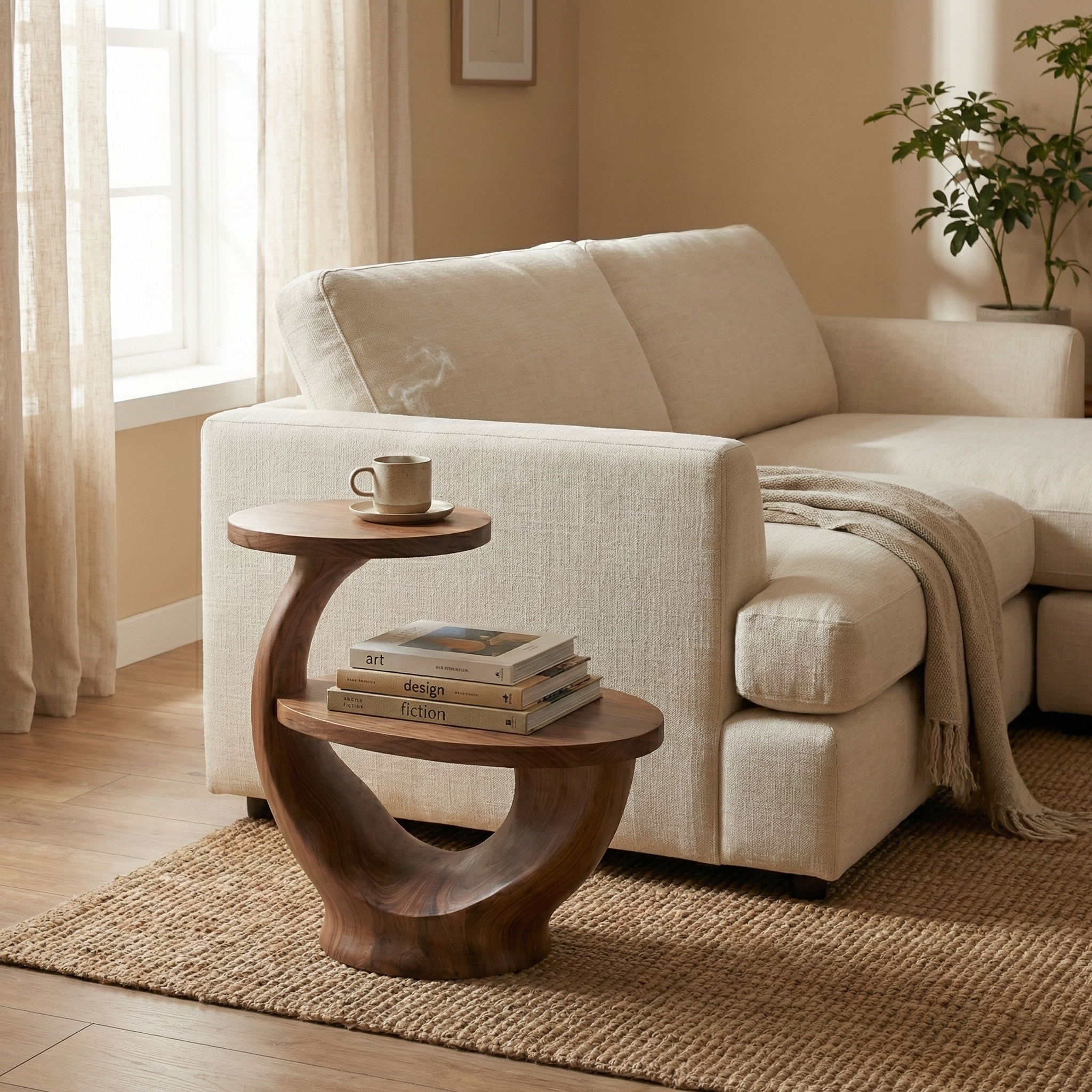 Handcrafted Solid Wood End Table With Sculpted Curved Base