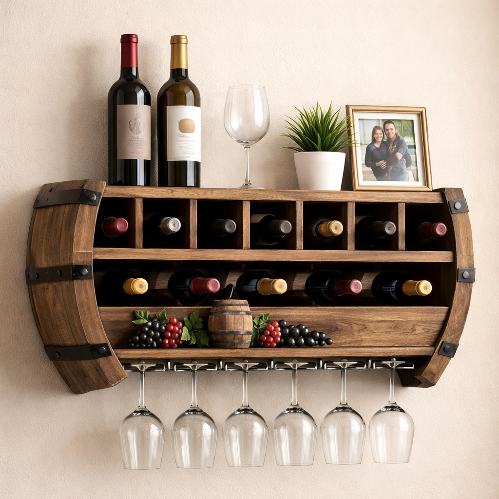 Handcrafted Solid Wood Floating Wine Rack Shelf, Barrel Wall Storage