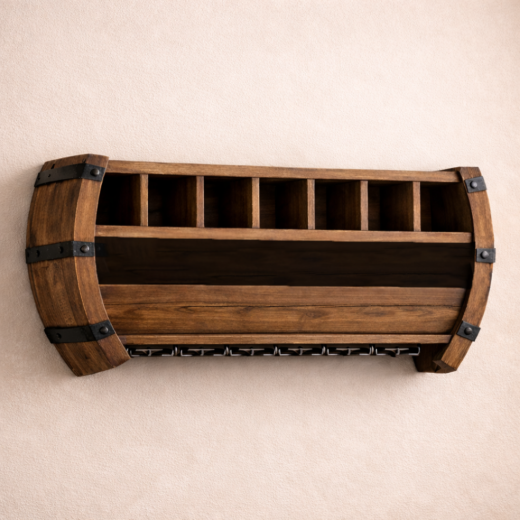 Handcrafted Solid Wood Floating Wine Rack Shelf, Barrel Wall Storage