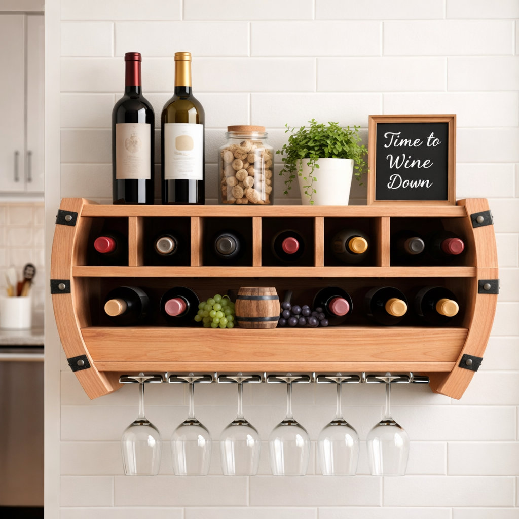 Barrello Barrel Style Solid Wood Wine Rack Shelf For Dining Room